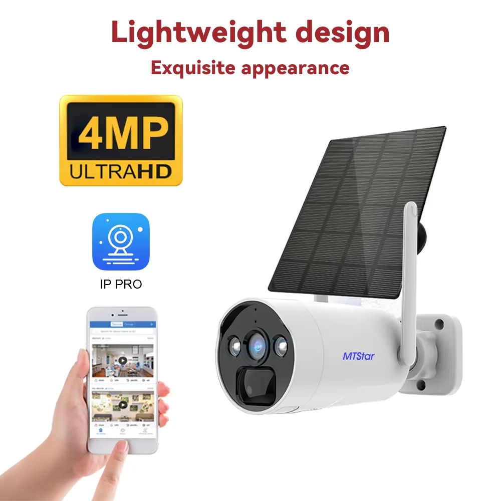 MTStar Solar Panel Wifi Bullet Camera With Battery 4MP Two-Way Audio 20m Infrared Night Vision TF Card Slot P2P H265+ EseeCloud