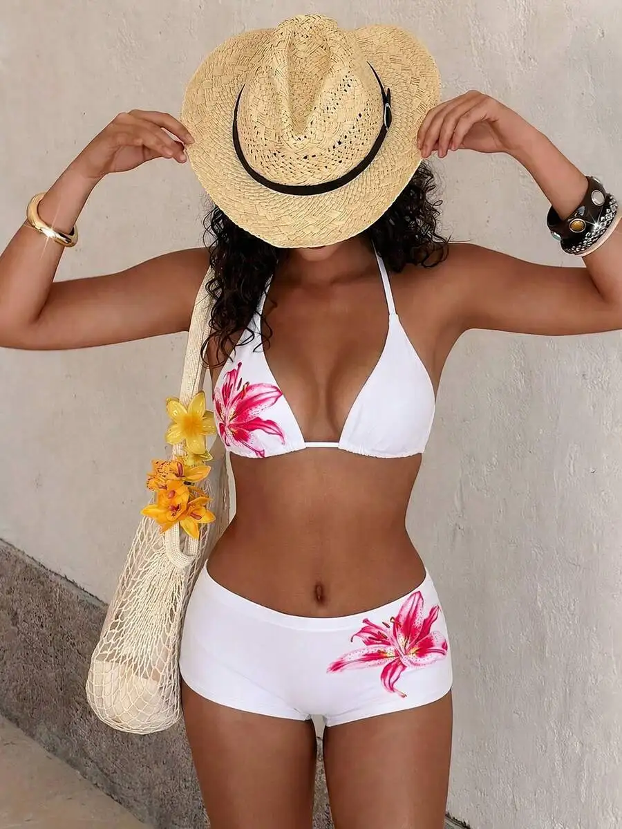 

White Floral Print Triangle Bikini Set High Waisted Swimwear For Beach Summer Vacation