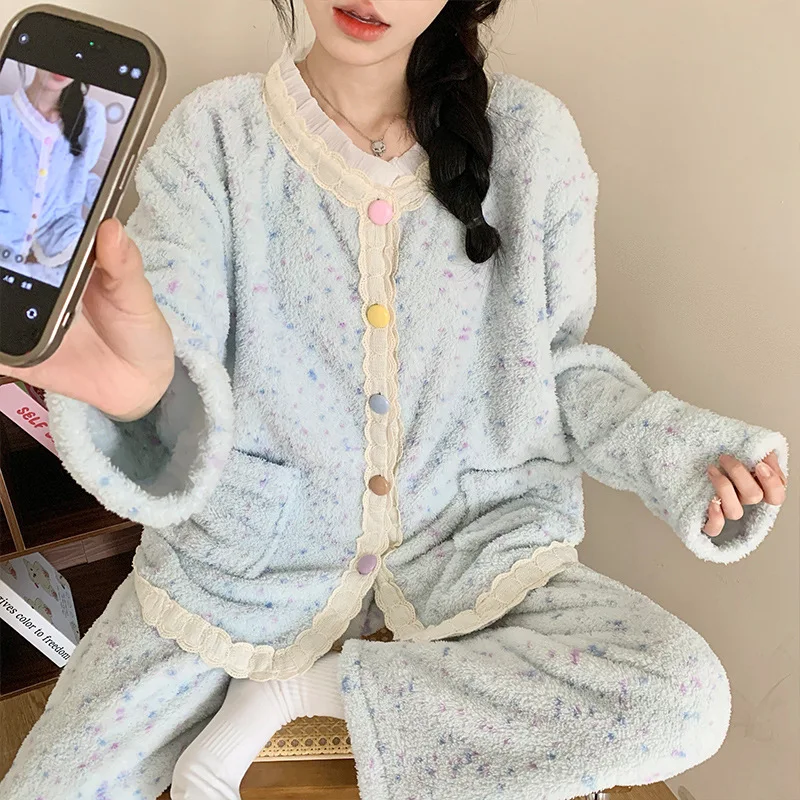 

Женский пижамный комплект с полуволосом, утепленный корейский стиль, осенне-зимняя студенческая теплая домашняя одежда для девочек, носимая верхняя одежда