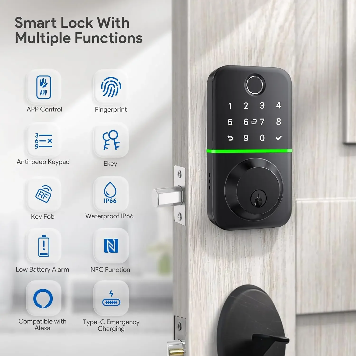 Imagem -03 - Impermeável Smart Door Lock Deadbolt com Teclado Fechadura de Impressão Digital Fechadura Eletrônica com Bluetooth e Controle de Aplicativos Ip66