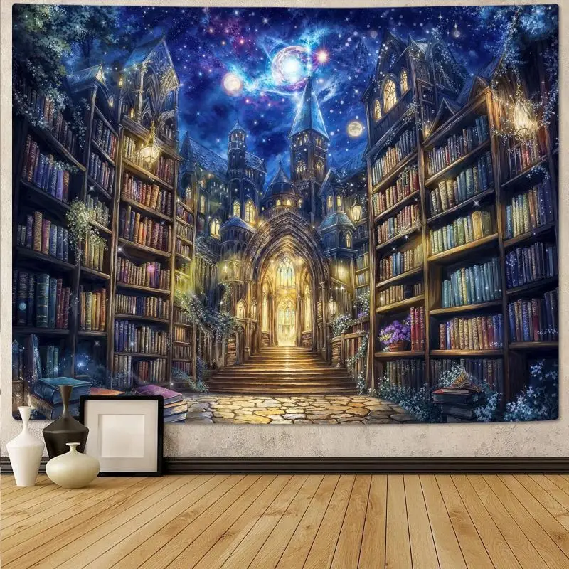 VIKAMA Magic Library Starry Sky Wall Tapestry Fantasy Castle Book Shelf Arch Staircase Planet Night Scene Mystical Wizard Decor