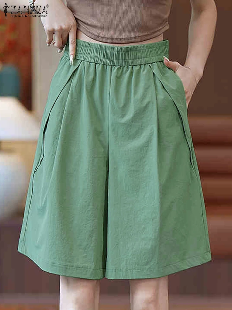 ZANZEA Women Pocket Short Pants Fashion Solid Color Loose Shorts 2025 Causal Elastic Waist Pleats Trousers Summer Holiday Bottom