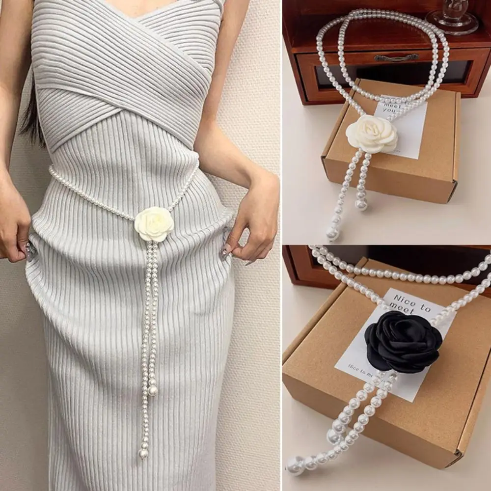 

Fashion Camellia Flower Pearl Waist Belts Dress Decorative Accessories Elastic Belt Elegant Pearl Waist Chain Women