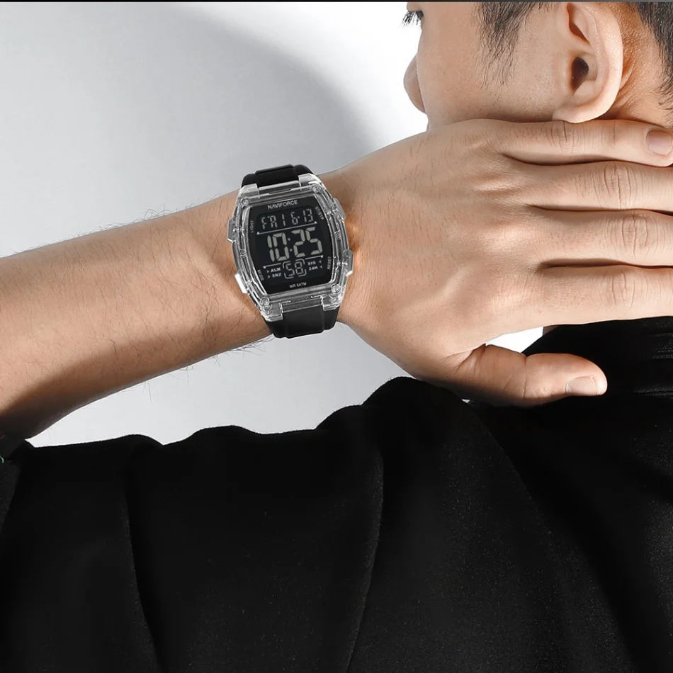 

NAVIFORCE Роскошные цифровые спортивные часы с ЖК-дисплеем для мужчин, роскошный повседневный будильник, 50 м, водонепроницаемый силиконовый ремешок, электронные наручные часы