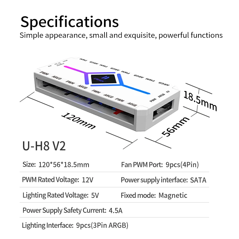 UPSIREN U-H8 5V 3 핀 ARGB 및 4 핀 PWM 허브 컴퓨터 케이스, 선풍기 조명 동기 하단 자석 디자인, 리모컨 포함