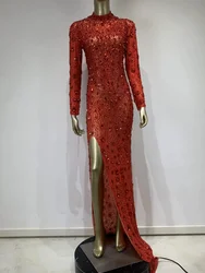 Women Luxury Sexy Long Sleeve O Neck Sparkly Sequins Split Red Stage Performance Dress Elegant Evening Party Club Dress