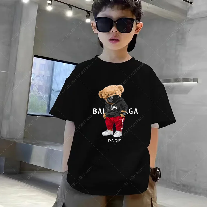 Summer Children\'s 100%Cotton T-Shirt 2024 Boys Funny Bear T-Shirt Girls Clothes Print Graphic Baby Tops Shirts Girls Kid Clothes