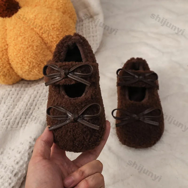 Children Winter Cotton Shoes Kids Thick Warm Plush Fur Shoes Girls Winter Bows Cotton Padded Warm Fur Fluffy Kids Flats Loafers