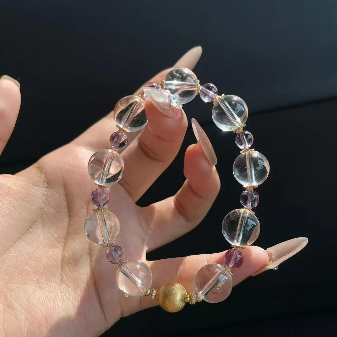 

Natural 12mm White Crystal, Plus Small Particle Amethyst Bracelet, Women's Light Luxury Fashion Bracelet