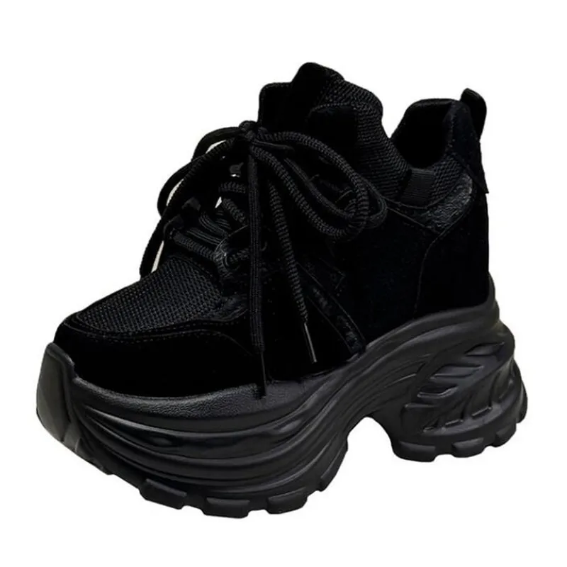 

New 9CM Women Platform Sneakers Lace-up Autumn Sports Dad Shoes High Top Chunky Casual Shoes Woman Thick Bottom Mesh White Shoes