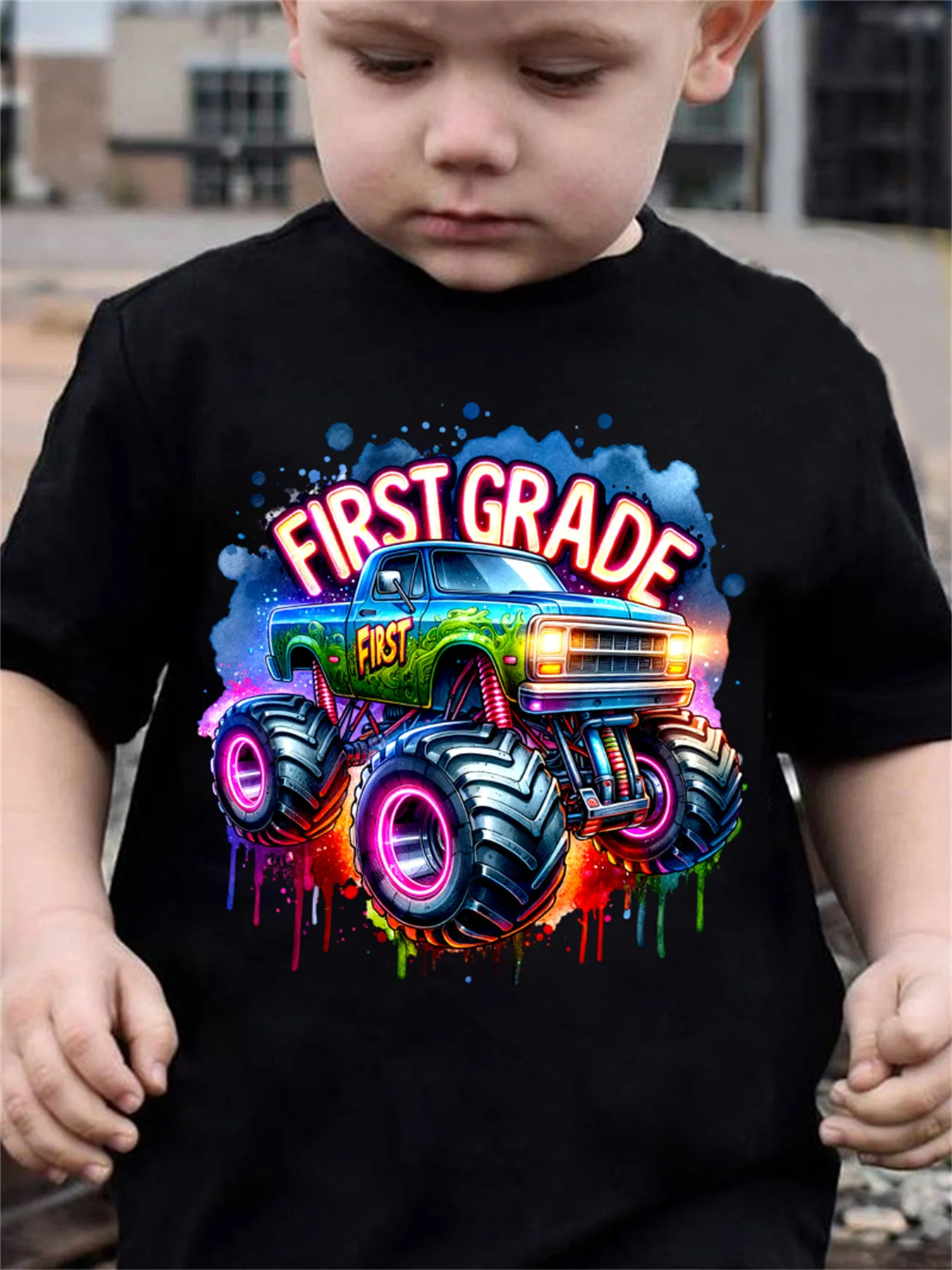 Neon Drip First Grade Monster Truck Splash Print Family Matching Cotton Tees Short Sleeve Tops For Mom Dad Boys Girls Daily Wear