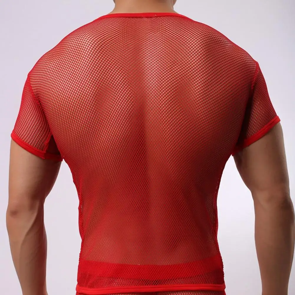 New 2025 Men's Sexy Mesh T-shirts Transparent Hollow Out Fishnet Short Sleeve O-neck Tops Men Sport Fitness Tees Nightclub Vest