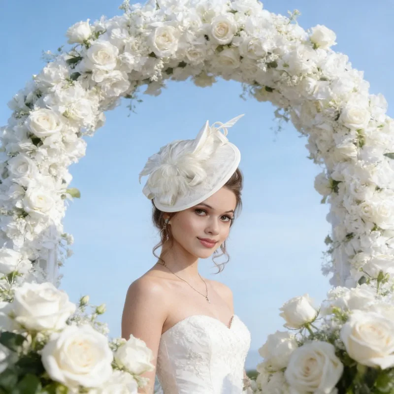 

European Linen Feather Headbands Exaggerated Wide Brimmed Handmade Derby Hats Bridal Hair Accessories for Weddings and Events