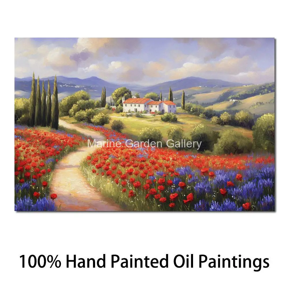 

Textured Landscape Painting Village Canvas Art Oil Hand Painted Red Poppy Field Artwork Wall Picture Modern Bedroom Hotel Decor