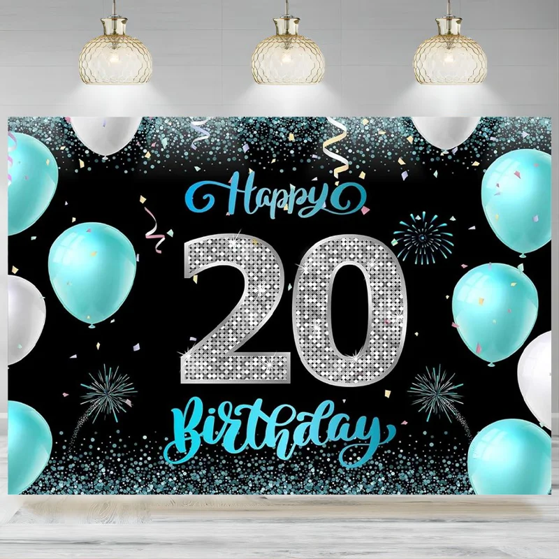 Celebration Happy 20th Birthday Backdrop Banner Black Light Blue Balloon Background Shiny Fashion Party Photo Photography Prop