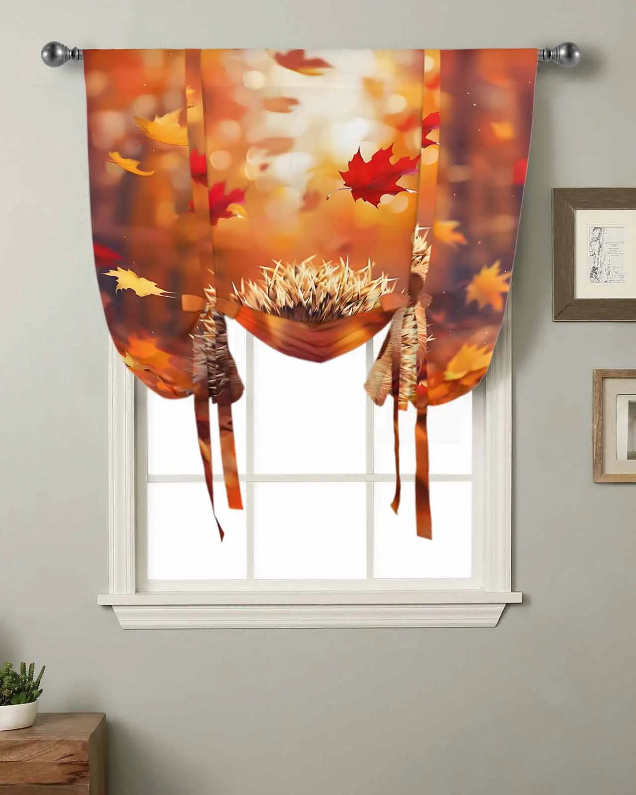 Autumn Maple Leaf Forest Hedgehog Window Curtain for Living Room Home Decor Blinds Drapes Kitchen Tie-up Short Curtains