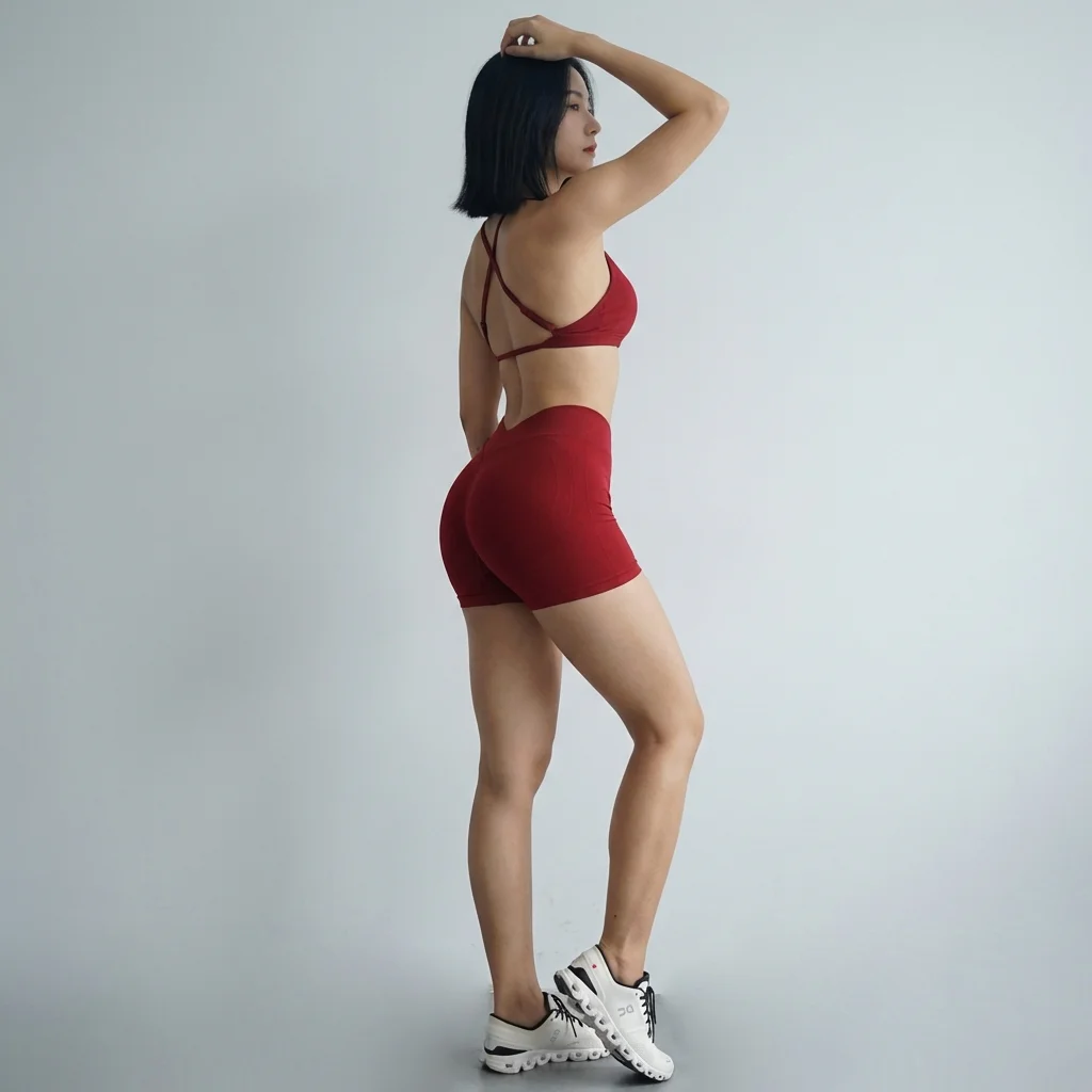 Nahtloses, schnelltrocknendes Fitness-Set für Damen: Sport-BH und Hüftstraffende V-Taille Yoga-Shorts, Pilates-Trainingskleidung, Gym-Set – Detail 5