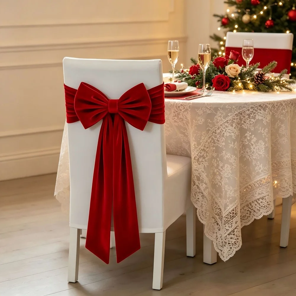 1pc Red Velvet Bow Chair Cover Velvet Chair Back Bow Dining Chair Tie For Hotel Wedding Banquet Christmas Party Decoration