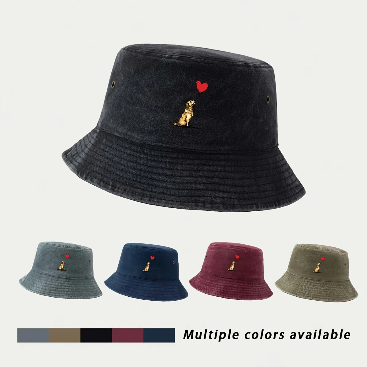 This Is a Bucket Hat Featuring a Golden Retriever with a Heart-shaped Balloon Print. It's a Versatile, Lightweight, and Foldable