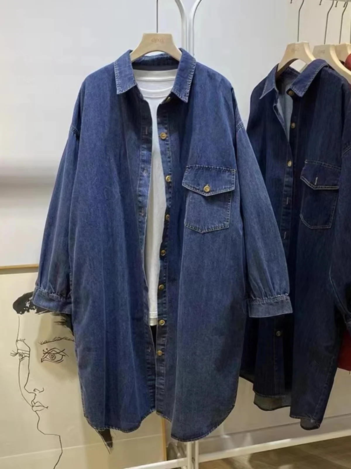 Retro japonês sle longo gola sve denim dr feminino maxi irt casaco tamanho grande botão detalhe solto ajuste