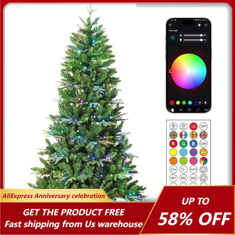 6 FT Pre Lit Spruce Artificial Holiday Christmas Tree 251 RGB LED Light APP and Remote Control, Metal Hinge Foldable Base