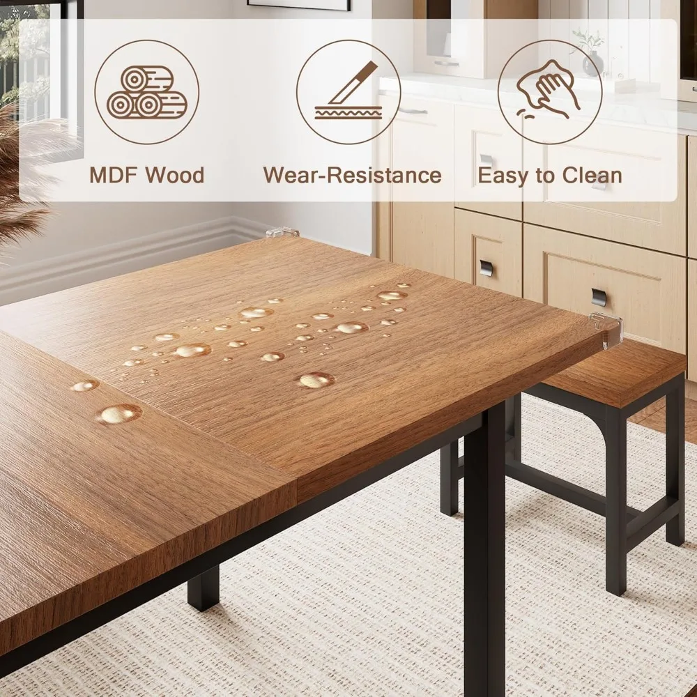 5 Pieces Dining Room Table Set for 4-6,with 2 Benches & 2 Stools, Small Dining Table Set with Metal Frame & MDF Board, Walnut