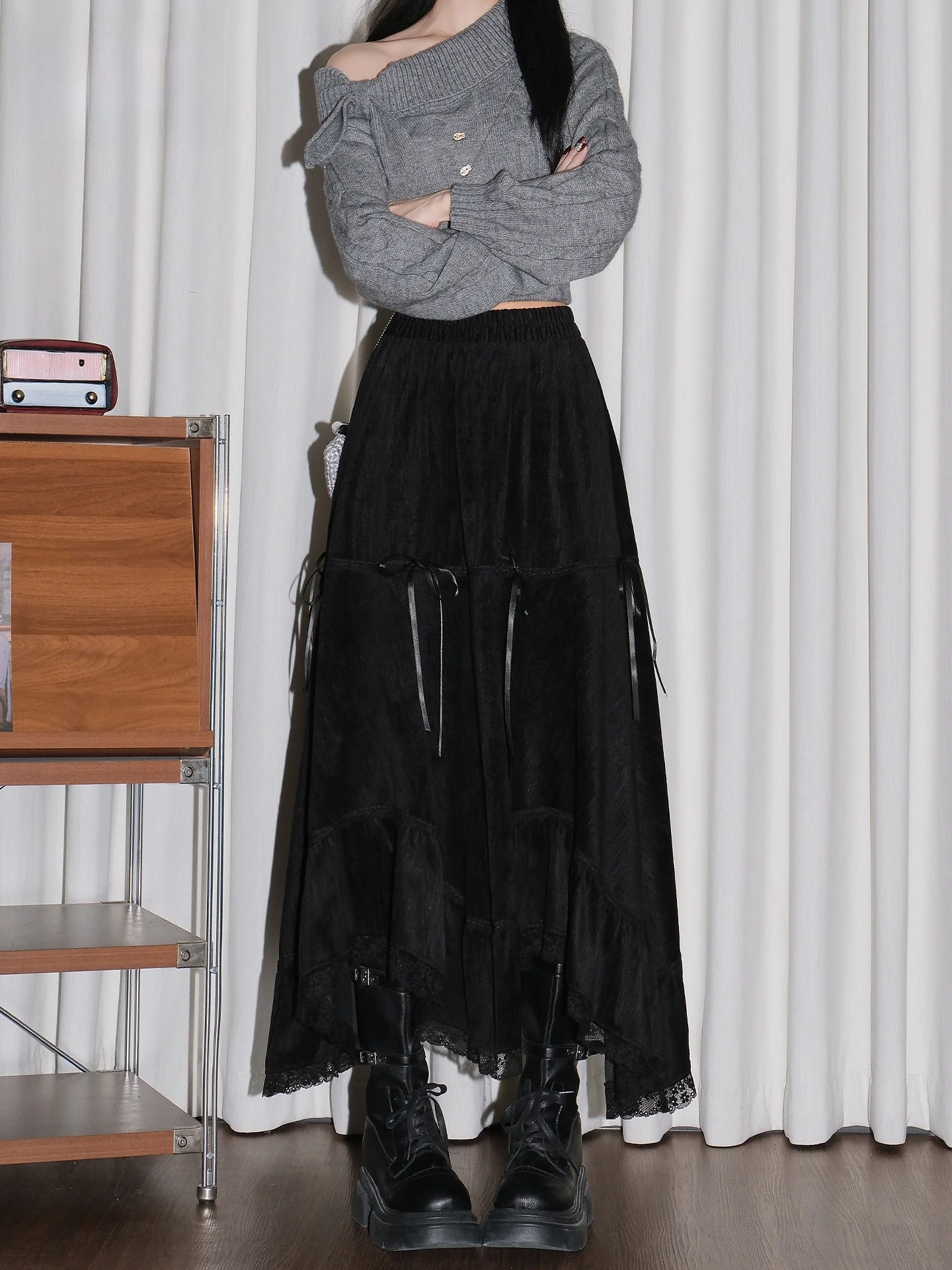 

Gothic Style Irregular Half-length Black Dress Women's Summer Knot Lace Patchwork Fashionable Skirt High Waist A-line
