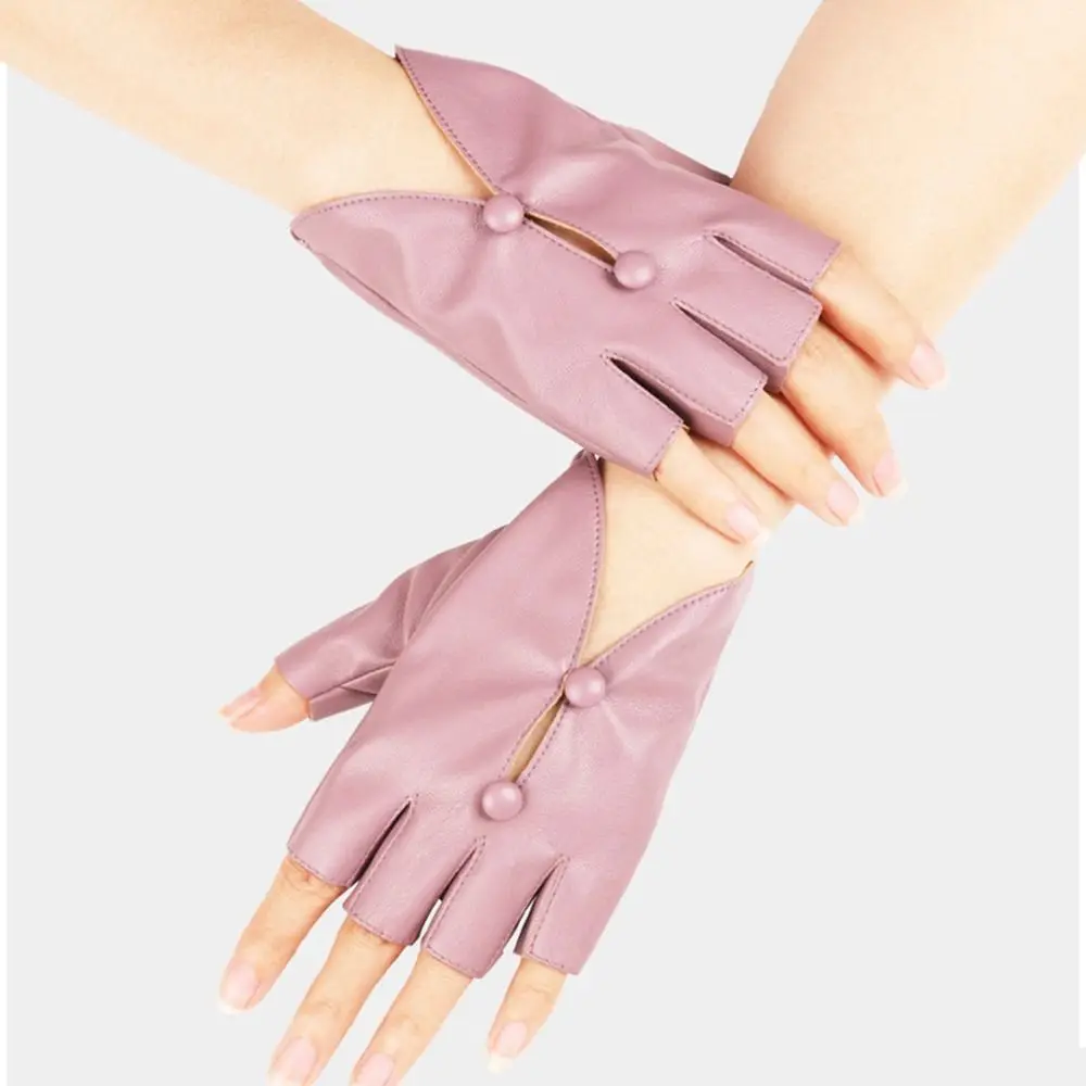 PU Leather Women Leather Gloves Anti-Slip Button Hole Half Finger Gloves Shock Absorption Breathable Leather Gloves