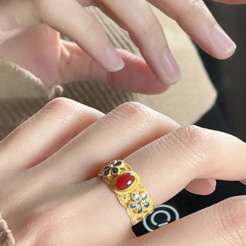 AOMU Colorful Vintage Baroque Premium Gold-Plated Crystal Rhinestone Rings French Irregular Geometric Metal Gold Rings for Women