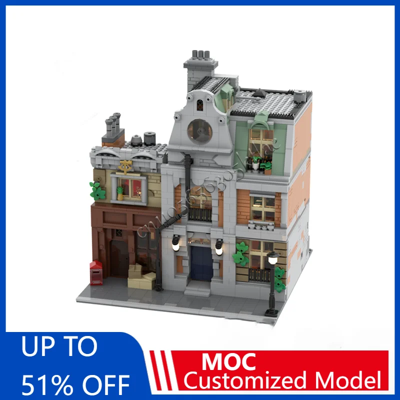 

2324 Parts MOC City Street View Modular Antique Bookstore And Townhouse Model Architecture Building Blocks Kids Bricks Toys Gift
