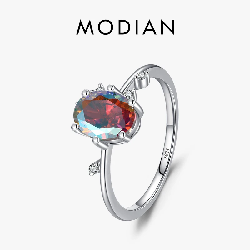 Modian 925 Sterling Silver Oval Rainbow Zirconia Wedding Luxury Multicolour Ring For Women Engagement Anniversary Fine Jewelry