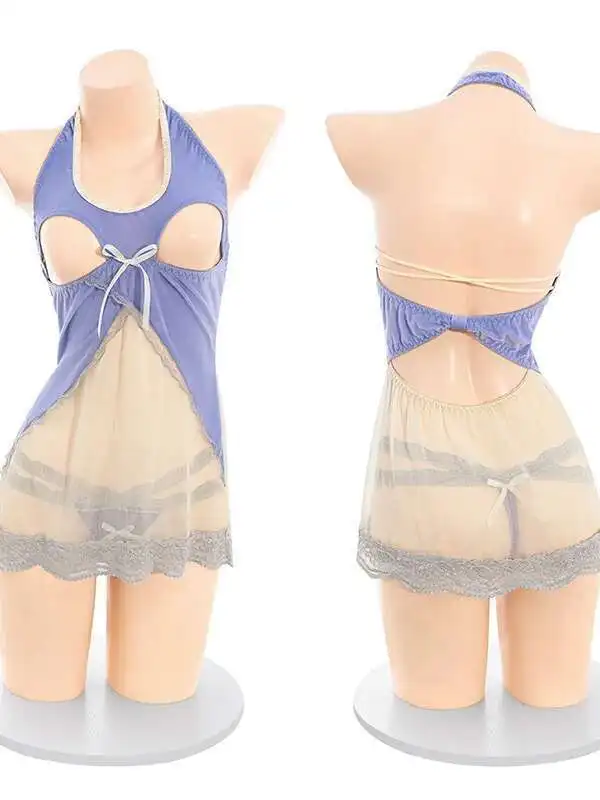 Sexy Spicy Girl Cut-out Minikleid Mesh Patchwork Lehrer Rollenspiel Anzug Neckholder Trägerloses Babydolls Erotik Verspieltes Kleid R0HM