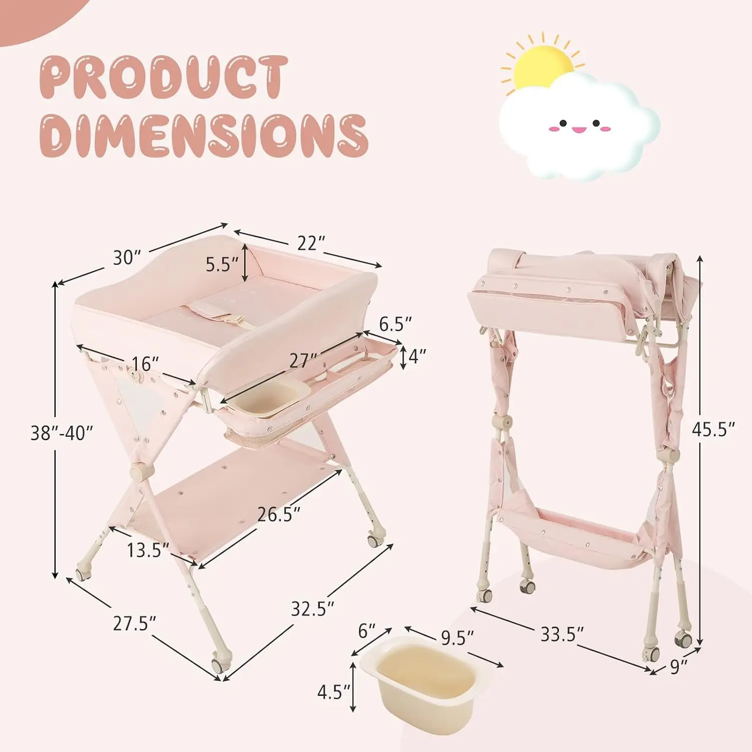 BABY JOY Portable Baby Changing Table, Foldable Diaper Changing Station w/Wheels, Adjustable Height, Large Storage Rack, Water B