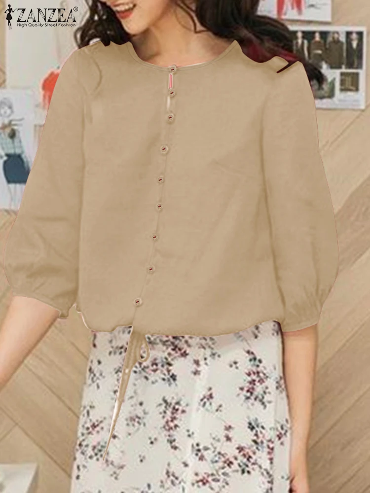 ZANZEA Elegant 2025 Spring Smock Tops Women 3/4 Sleeve O Neck Daily Blouses Commute Casual Drawstring Hem Solid Color Shirts