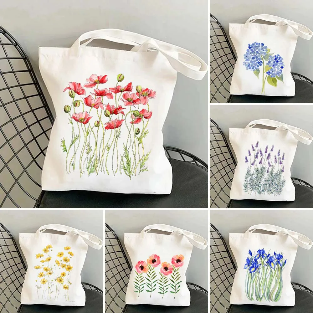 Cornflower Iris Lavender Cosmos Pink Blue Yellow Flower Poppy Daisy Sakura Lilac Womens Canvas Shopper Tote Bag Shopping Handbag