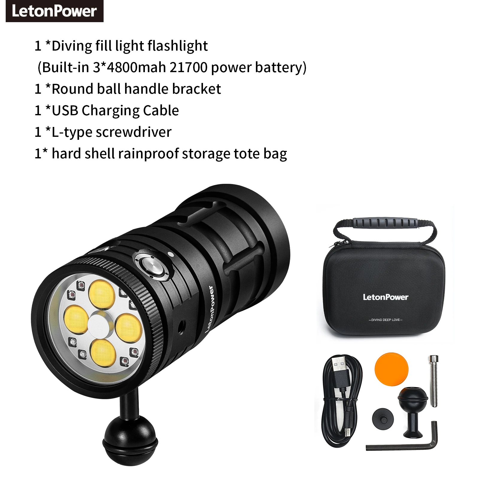 LetonPower Diving Flashlight 25000Lumens underwater flashlight 100m scuba dive light Type-C Charging underwater video light