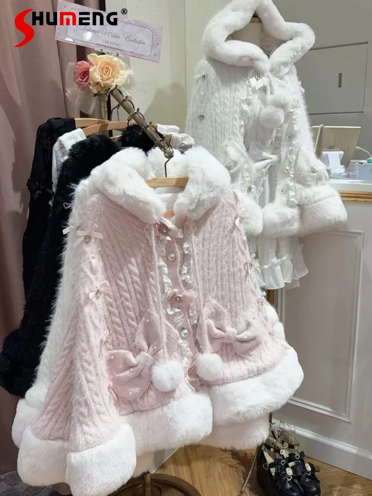 

Japanese Mines Style Sweet Cute Bow Loose Single-breasted Hairy Knitted Shawl Cape Knitwear Cardigan Hooded Cloak Women Winter