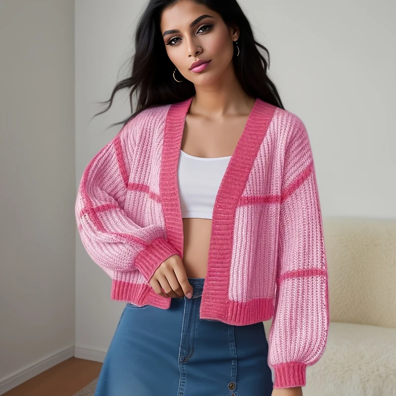 

Autumn and Winter Fashion Women's Lantern Sleeve Contrasting Sweater 2025 New Cardigan Short Casual Sweater Jacket Knitwear