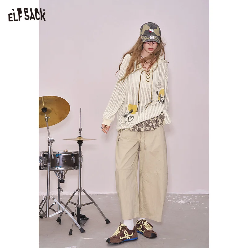 ELFSACK 2025 Summer New Arrival Cute Cool Casual Irregular Patch Print Hooded knitwears Sweater For Woman