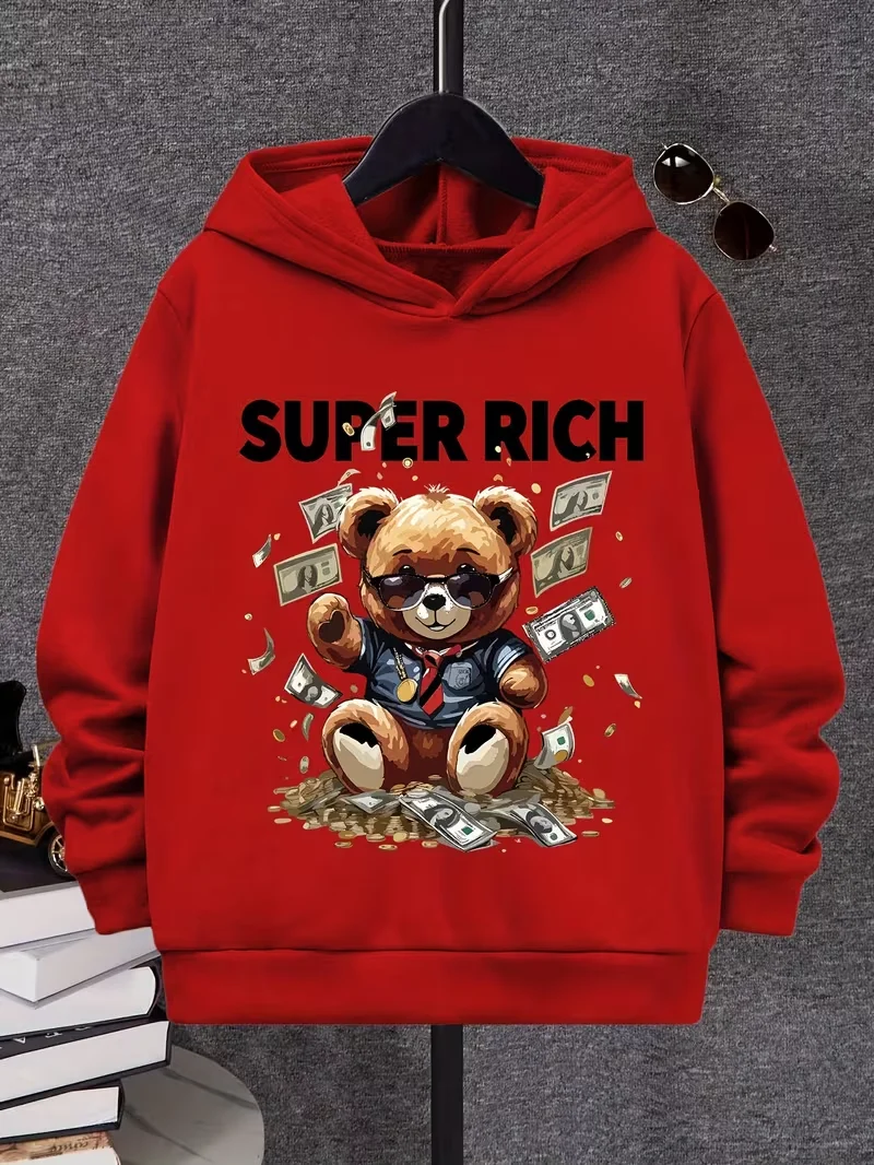 boys girls hooded sweatshirt, cute bear money graphic print, long sleeve hoodie, red pullover top, casual street stylekidsoutfit