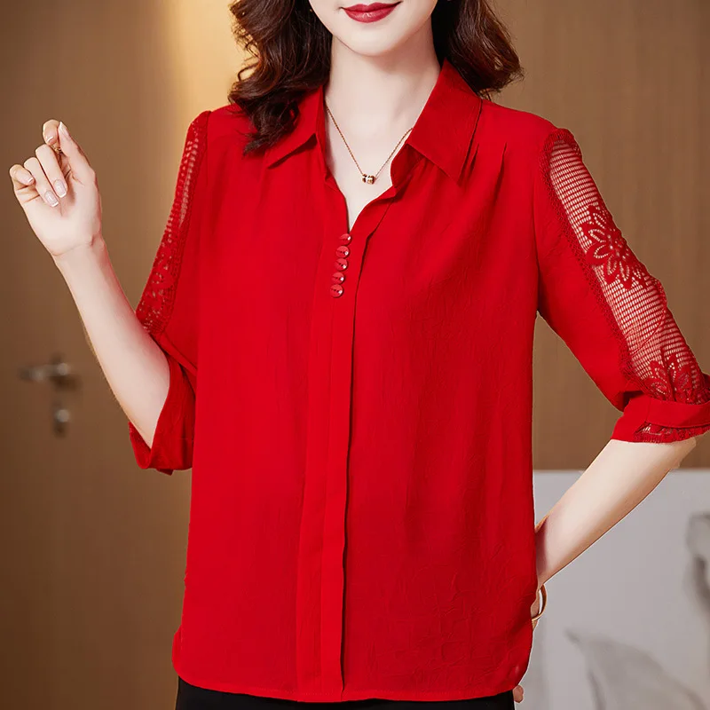 

SALE Spring Summer Three-Quarters Sleeve Women Chiffon Shirt Elegant Loose Hollow Out Blouses