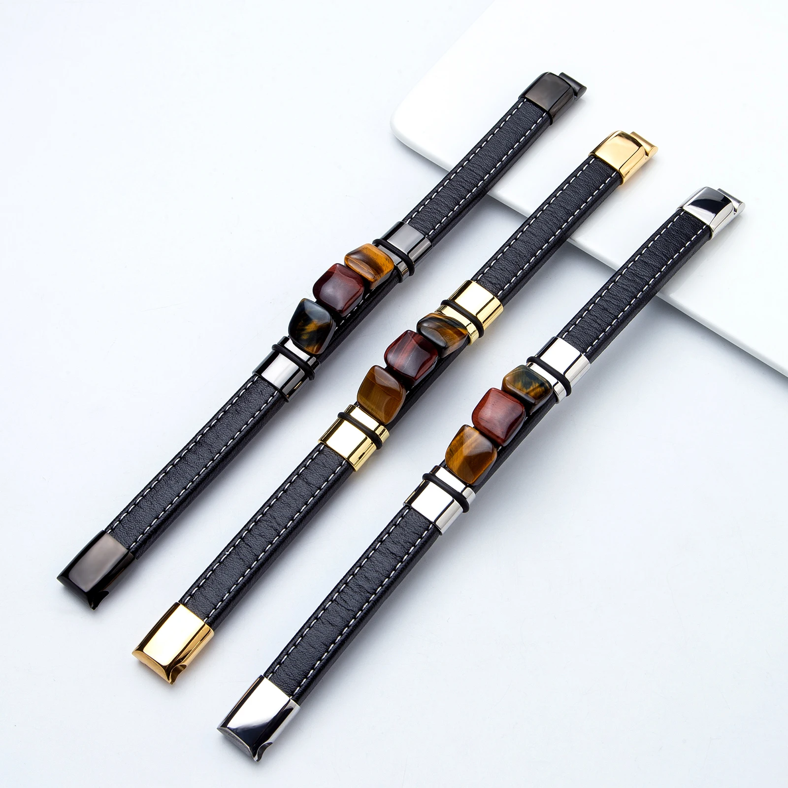 New Multi Color 3 Square Natural Old Tiger Eye Vintage Jewelry Charm Wide Leather Rope Men's Stainless Steel Bracelet Jewelry - view 6