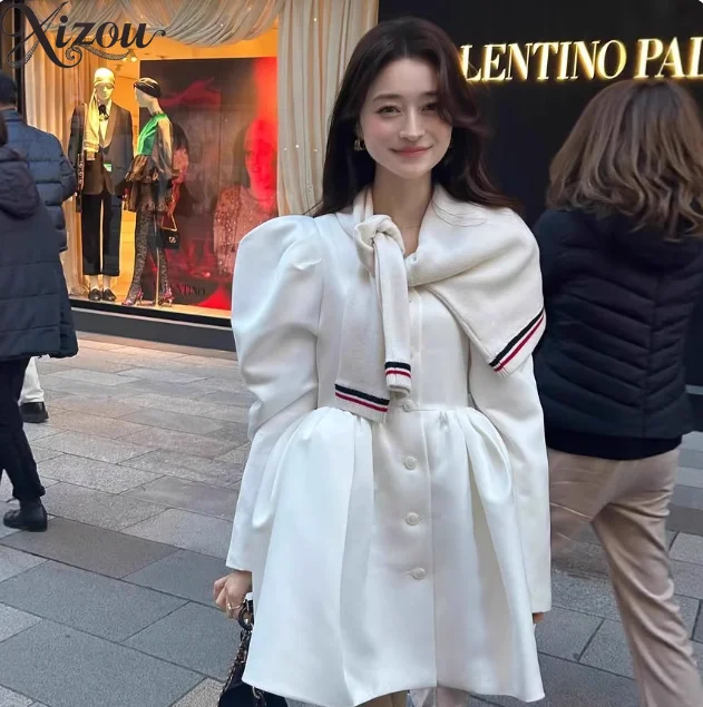

2025 Japanese Sweet Women's Loose Coats Slim V-Neck Puff Long Sleeve Casual Jacket Single-Breasted Black White Elegant Dress