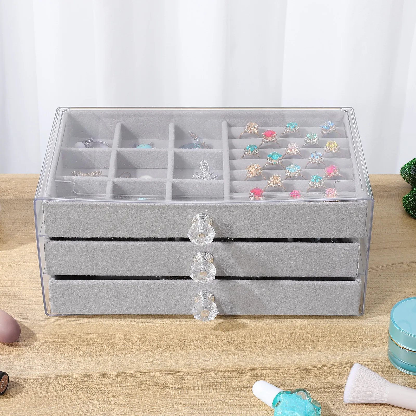 

Прозрачный 3-ярусный органайзер для украшений с несколькими отделениями, акриловый футляр для серег, ожерелий, колец, браслетов, для путешествий и дома
