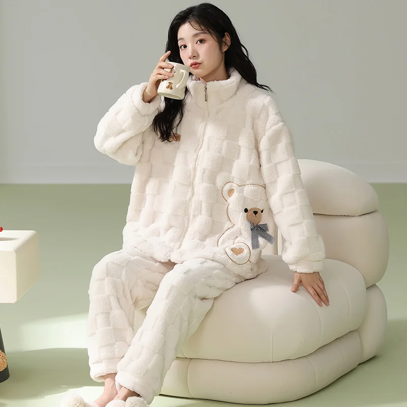 Winter Kawaii Cartoon Animal Bear Thick Pajamas and Pants Two Pieces Set Coral Velvet Loungewear with Zipper Sleepwear Women