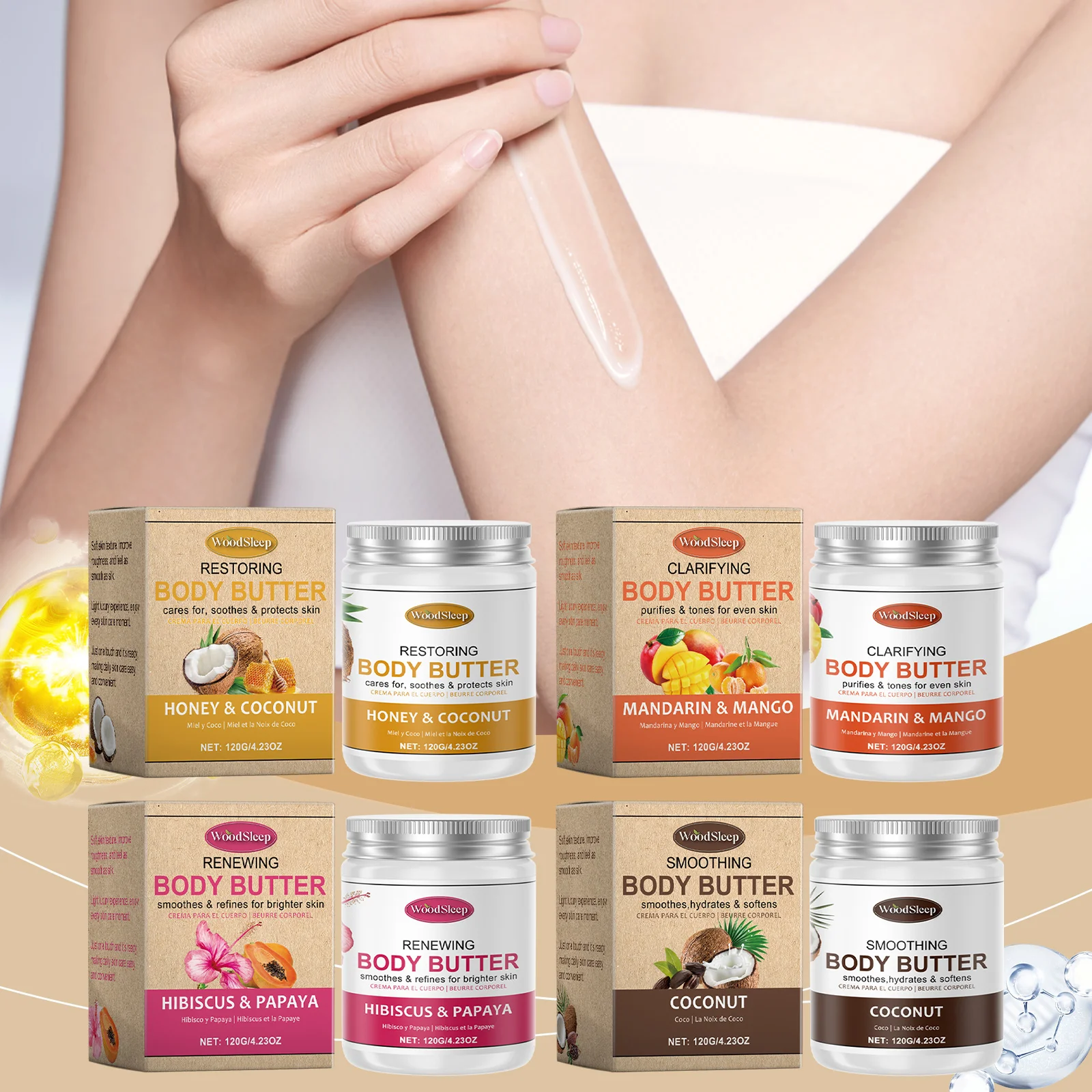 Krim Tubuh Woodsleep Coconut Body Butter, Kulit Halus Tahan Lama, Mengencangkan, Anti Pecah-pecah, Madu Mangga Pepaya, Krim Pelembab Tubuh 120g