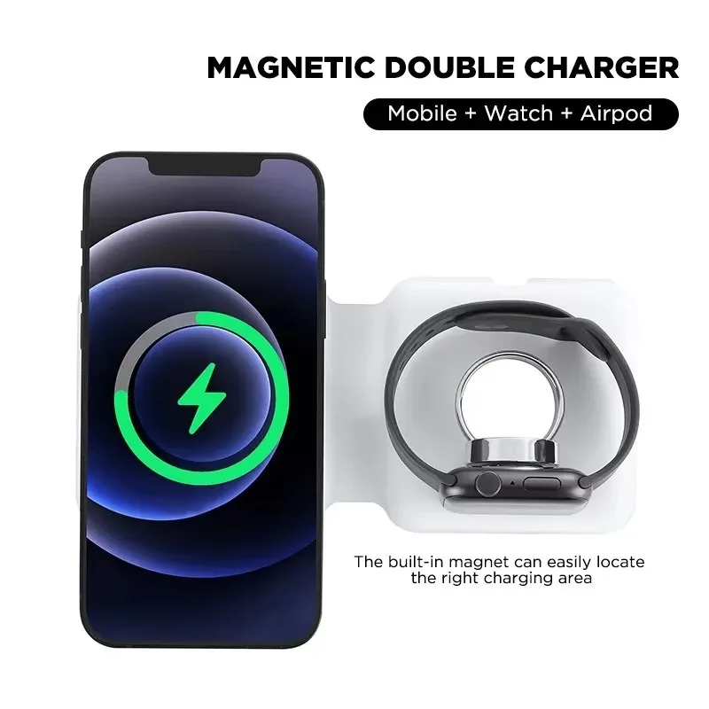 قاعدة شاحن لاسلكية مغناطيسية 2IN1 لهاتف آيفون 12 برو 11Pro XS Max XR X 8 AirPods Apple Watch 5 4 3 2 15 وات شحن لاسلكي سريع