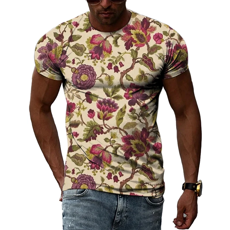 Summer New Men\'s Floral Pattern 3D T-shirt Street Hip Hop Personality Print Tops Trendy Fashion Round Neck Short Sleeve Clothing