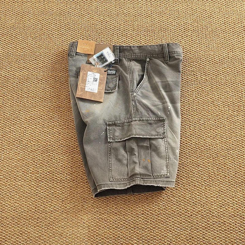 

Лето 2025 года, новые высококачественные тканые шорты для рабочей одежды для мужчин, джинсовые брюки в стиле ретро с раздвижными чернилами и несколькими карманами, пять четвертей