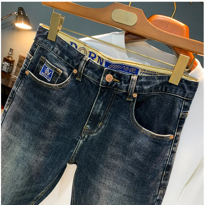 High-end herenjeans, herfsttrend 2022, gewassen Amerikaanse casual kleine rechte elastische broek heren